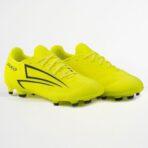Bright yellow soccer cleats with black side stripes and studded soles on a white background.