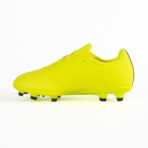 Bright yellow soccer cleat with molded studs, side view on a white background for firm-ground play.
