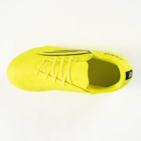 5554_676_P04 Bright yellow running shoe viewed from above, showing laces and a dark side stripe on the upper.