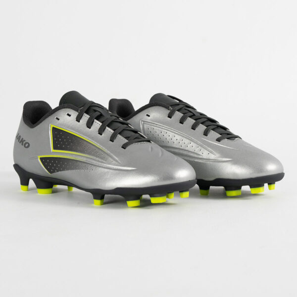 5555_677_P01 Silver and black soccer cleats with neon yellow studs, pair facing left on a white background