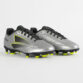 Silver and black soccer cleats with neon yellow studs, pair facing left on a white background