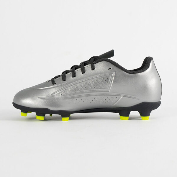 5555_677_P02 Side view of a silver soccer cleat with black laces and neon yellow studs on the sole.