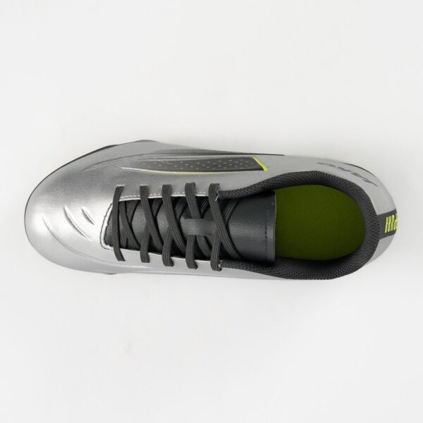 5555_677_P04 Top view of a metallic silver soccer cleat with black laces and lime green inner lining.